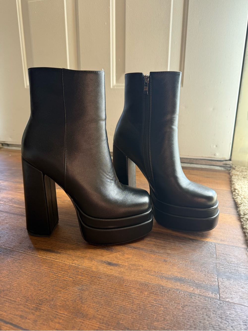 Platform Block Heel Ankle Boots - Black